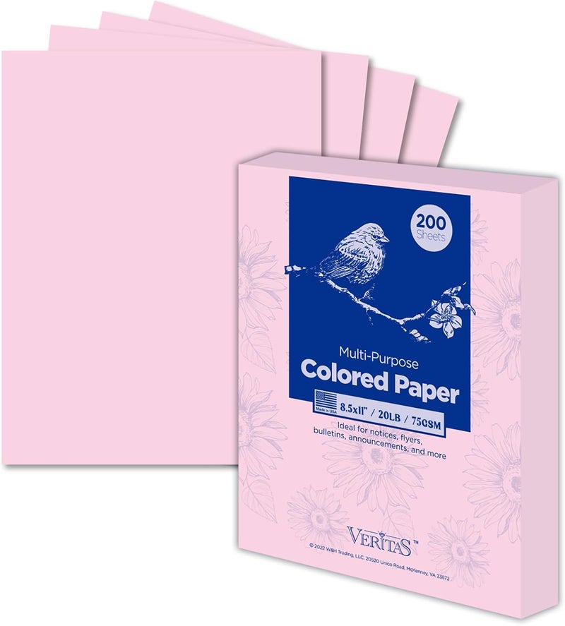 WritePads Veritas Colored Copy Paper, Pink Colored Printer Paper 8.5” x 11”, 20 lb / 75 GSM, 200 Sheets (1 Reams) Computer Paper, Multi-Purpose paper, Made in USA - Image 1